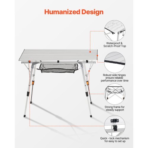 Folding Camping Table, Portable Roll Up Side Tables, Lightweight Aluminum Beach Table with Adjustable Height, Top Mesh Layer and Carry Bag, For Outdoor BBQ Tailgating Picnic, Travel, Silver