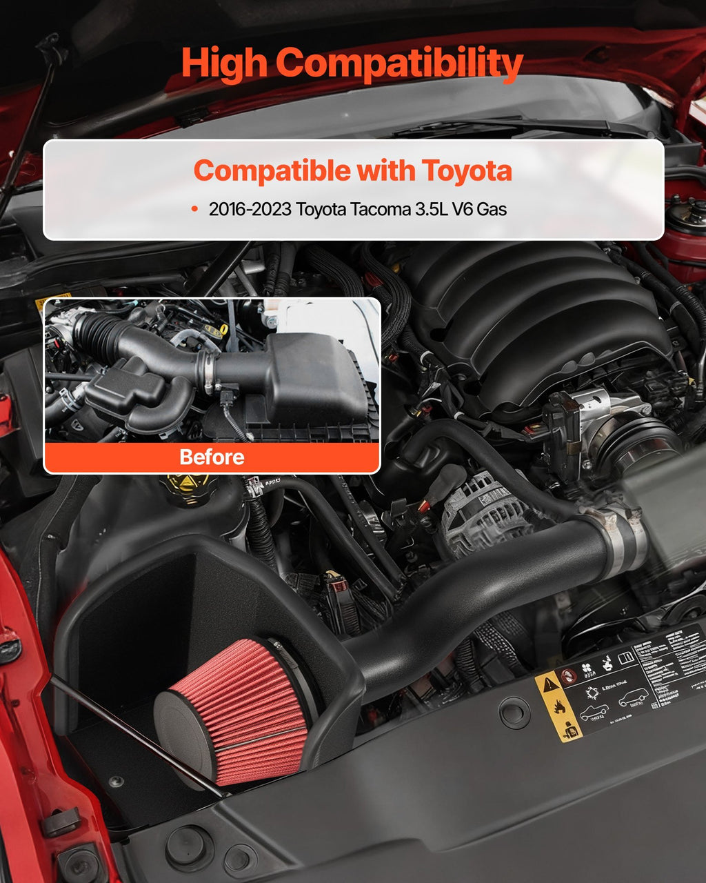 Cold Air Intake, 3.3 Inch Cold Air Intake System + Heat Shield Compatible with 2016-2023 Toyota Tacoma 3.5L V6 Gas, High Flow Filter Kit Improved Horsepower, Throttle Response, High Performance