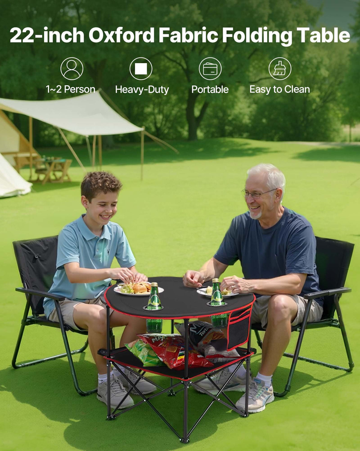 Folding Camping Table, Portable Outdoor Lightweight Picnic Table, 600D Oxford Fabric Waterproof Canvas Travel Beach Tables, with 4 Cup Holders, Carry Bag, for Tailgating Camping Picnic, Black