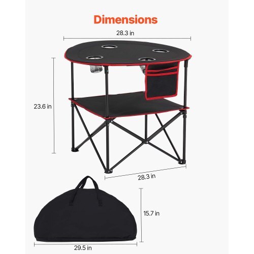 Folding Camping Table, Portable Outdoor Lightweight Picnic Table, 600D Oxford Fabric Waterproof Canvas Travel Beach Tables, with 4 Cup Holders, Carry Bag, for Tailgating Camping Picnic, Black