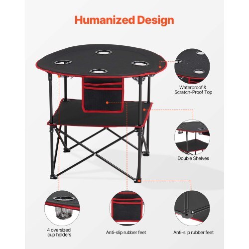 Folding Camping Table, Portable Outdoor Lightweight Picnic Table, 600D Oxford Fabric Waterproof Canvas Travel Beach Tables, with 4 Cup Holders, Carry Bag, for Tailgating Camping Picnic, Black