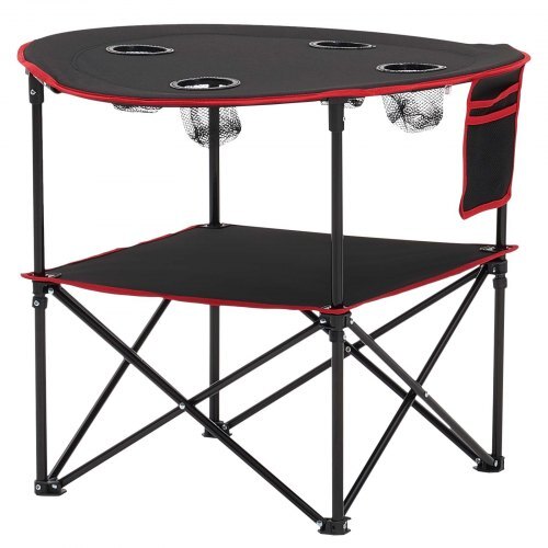 Folding Camping Table, Portable Outdoor Lightweight Picnic Table, 600D Oxford Fabric Waterproof Canvas Travel Beach Tables, with 4 Cup Holders, Carry Bag, for Tailgating Camping Picnic, Black