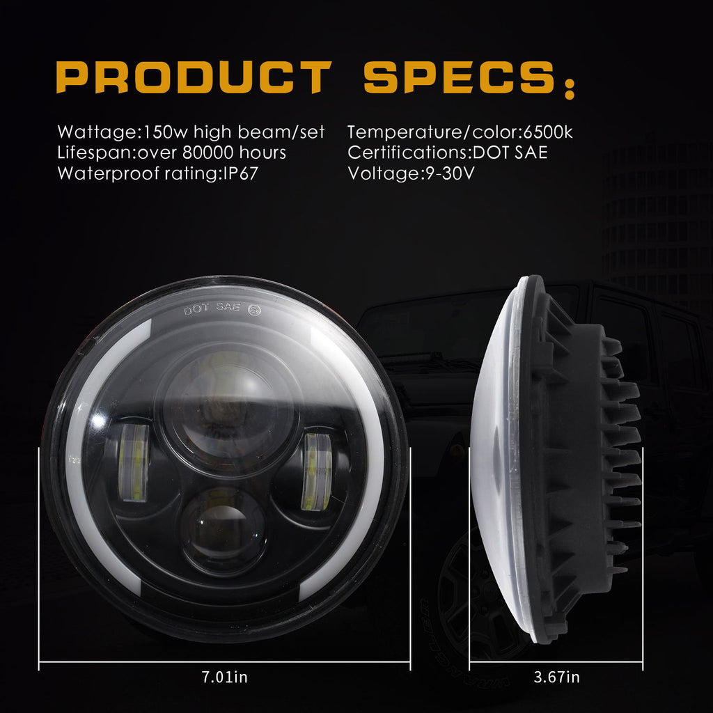 150W 7'' Round LED Headlight with High Low Beam 15000LM DRL Turn Signal Light Warm yellow_4300K