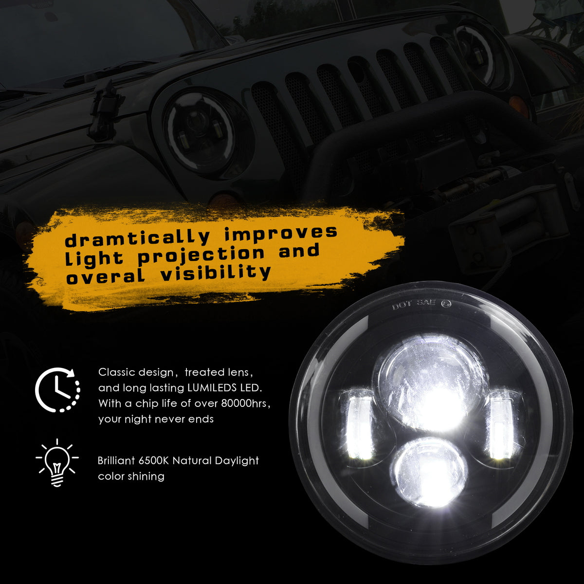 150W 7'' Round LED Headlight with High Low Beam 15000LM DRL Turn Signal Light Warm yellow_4300K