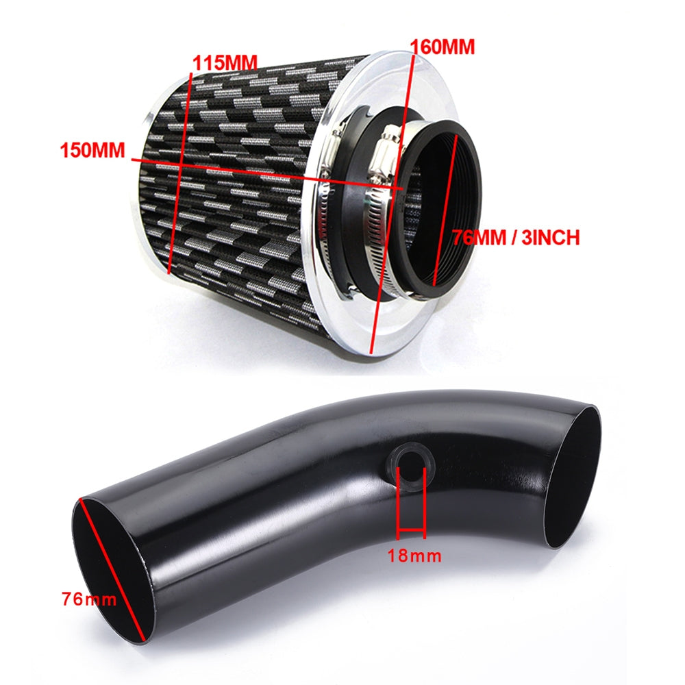 76mm/3inch Universal Car Cold Air Intake Filter Induction Pipe Hose System Kit black