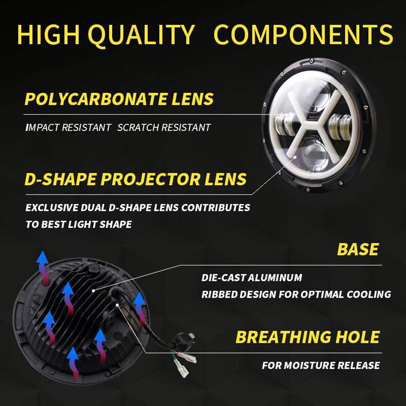 500 W 30000LM 7 inch LED Yellow and White Halo Angel Eye Headlights For Jeep Wrangler Led Beam Headlamp H4/H13 (left and right four eyes) X type Led Headlight