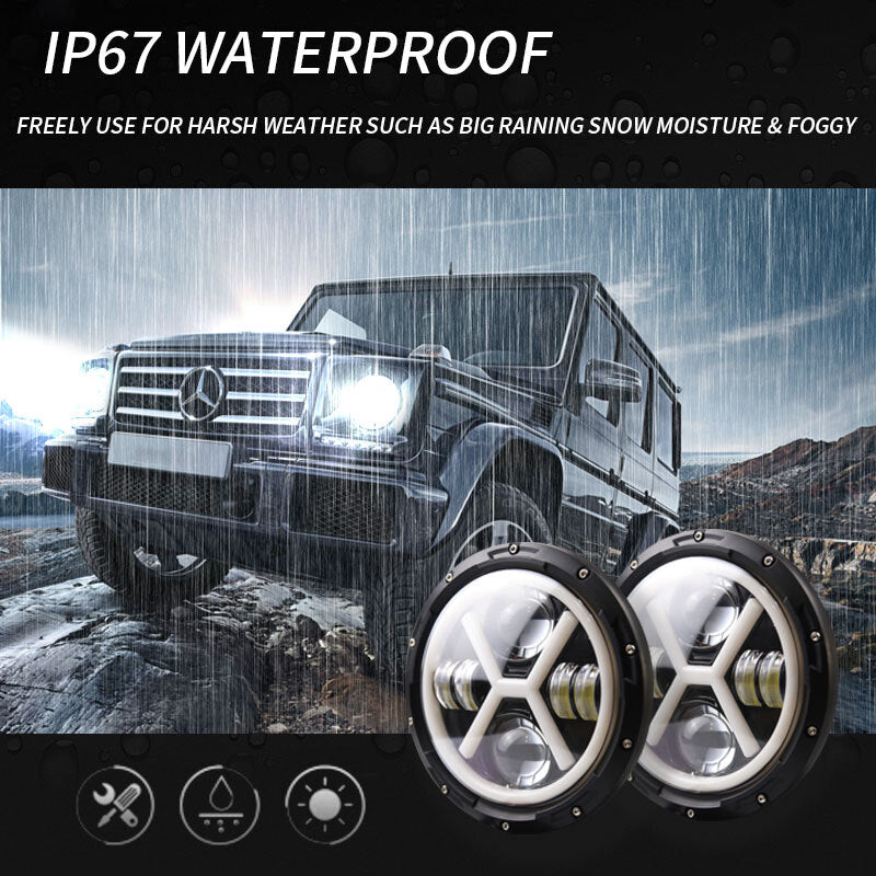 500 W 30000LM 7 inch LED Yellow and White Halo Angel Eye Headlights For Jeep Wrangler Led Beam Headlamp H4/H13 (left and right four eyes) X type Led Headlight