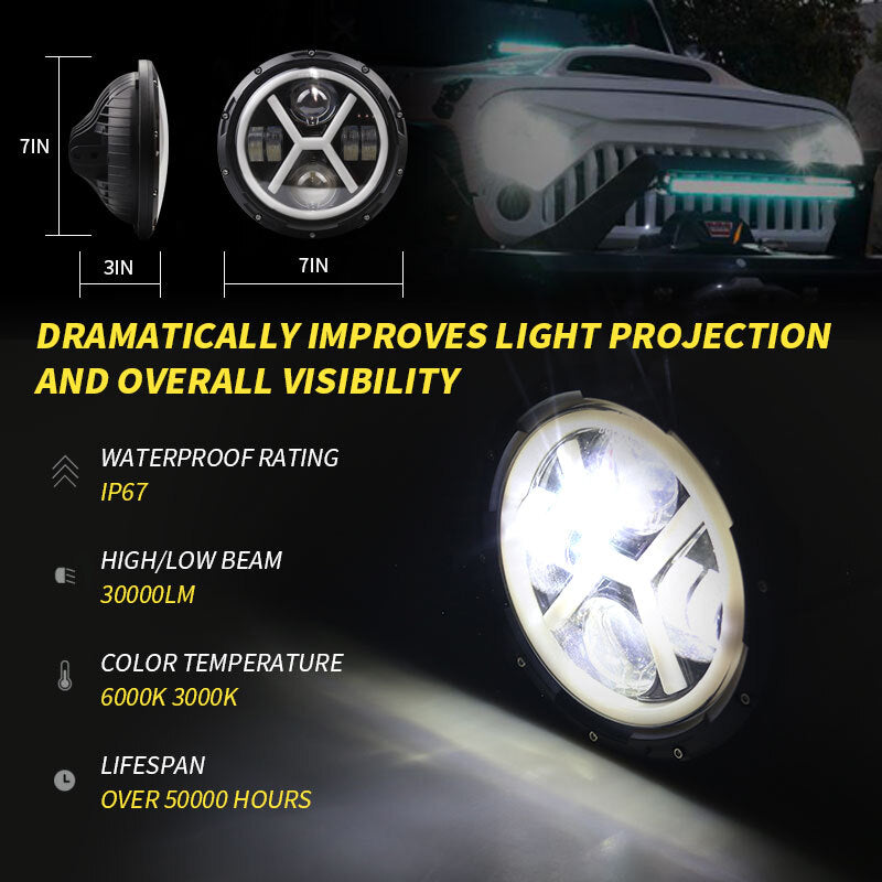 500 W 30000LM 7 inch LED Yellow and White Halo Angel Eye Headlights For Jeep Wrangler Led Beam Headlamp H4/H13 (left and right four eyes) X type Led Headlight