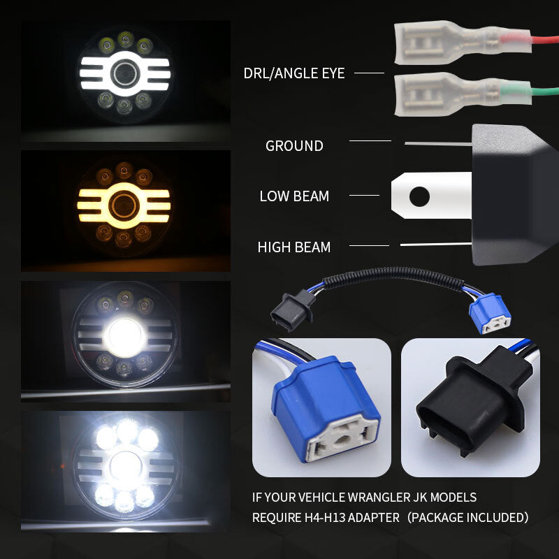 500 W 30000LM 7 inch LED Yellow and White Halo Angel Eye Headlights For Jeep Wrangler Led Beam Headlamp H4/H13 (six beads with lens) H type Led Headlight