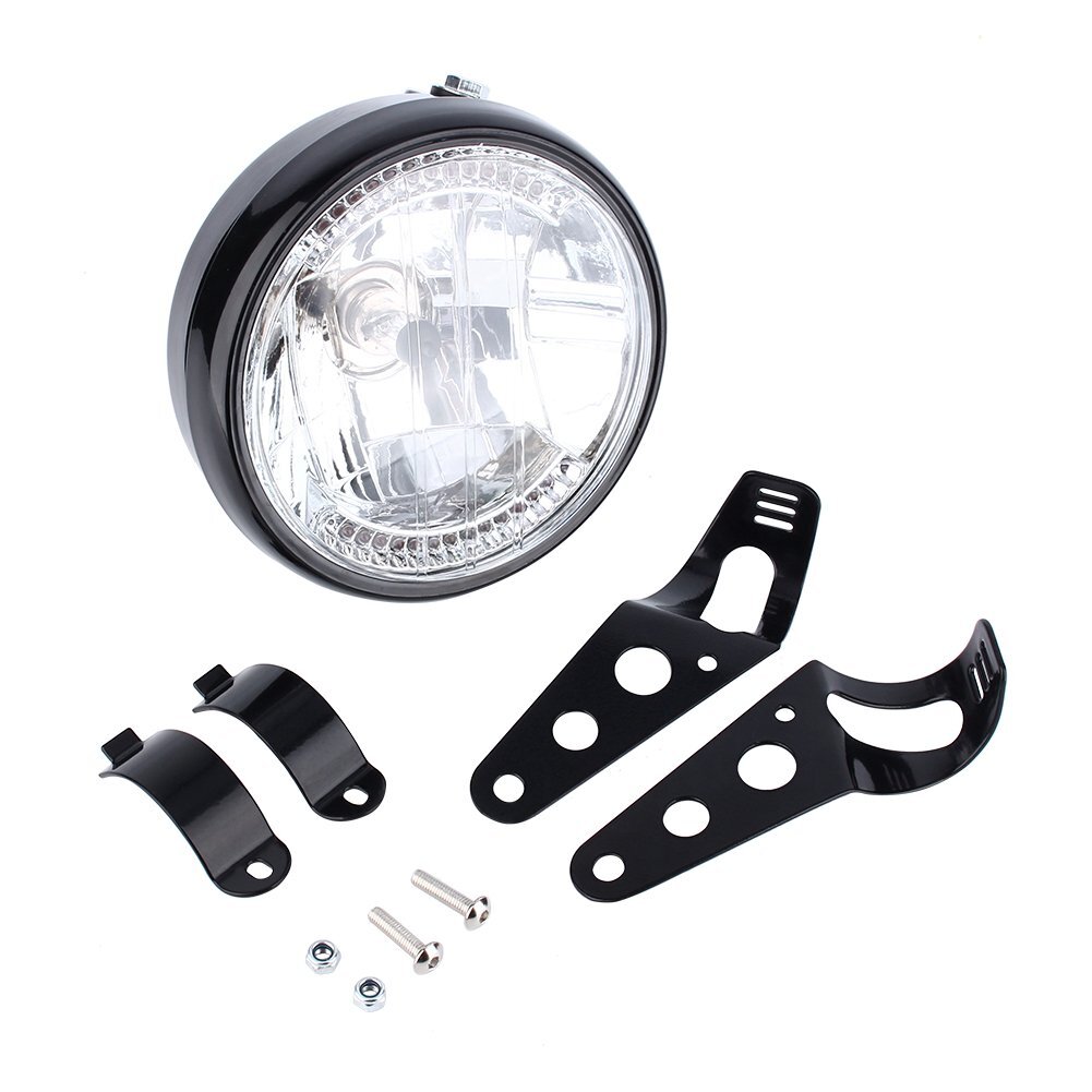 7"Motorcycle DC Modified Retro Front Headlights Lamp Holder LED Turn Light Bracket 12V Motorbike Accessories Black transparent