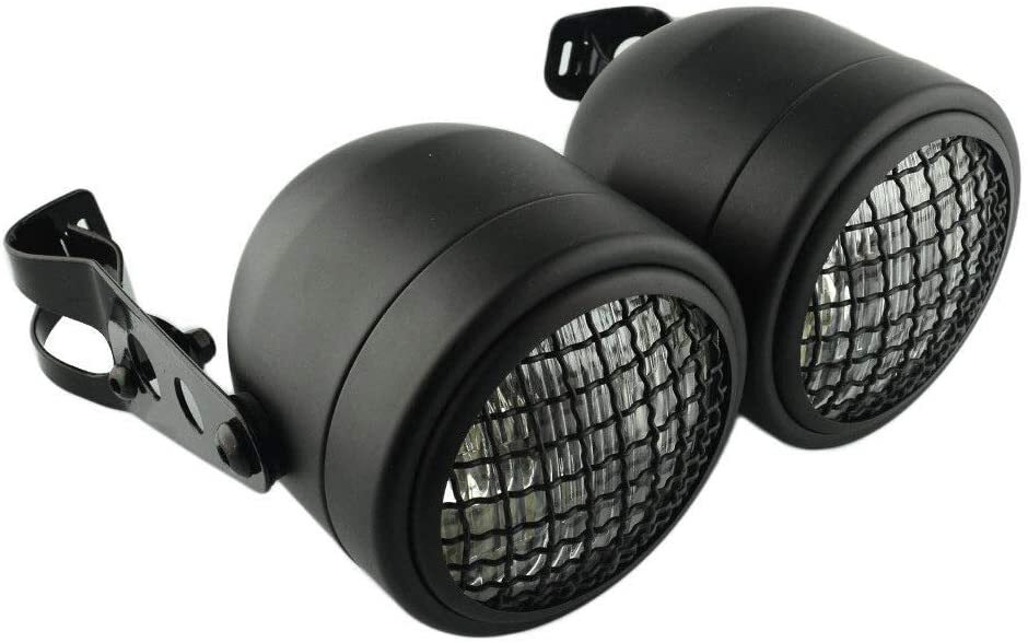 Motorcycle Twin Front Headlight Lamp W/ Bracket For Street Fat Boy Dual Sport Dirt Bikes Street Fighter Naked Cafe Racer Twins black and white + yellow_with support
