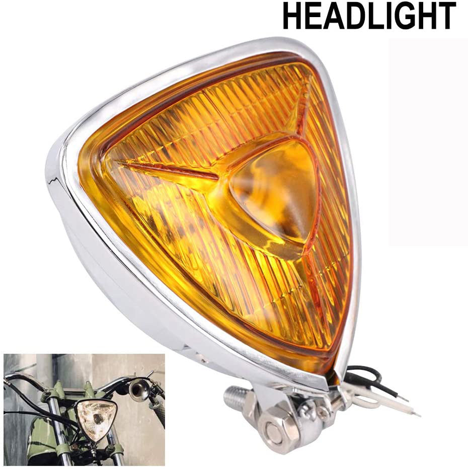 Motorcycle Headlight  Amber Triangle Chrome Headlight Lamp for Chopper Bobber black