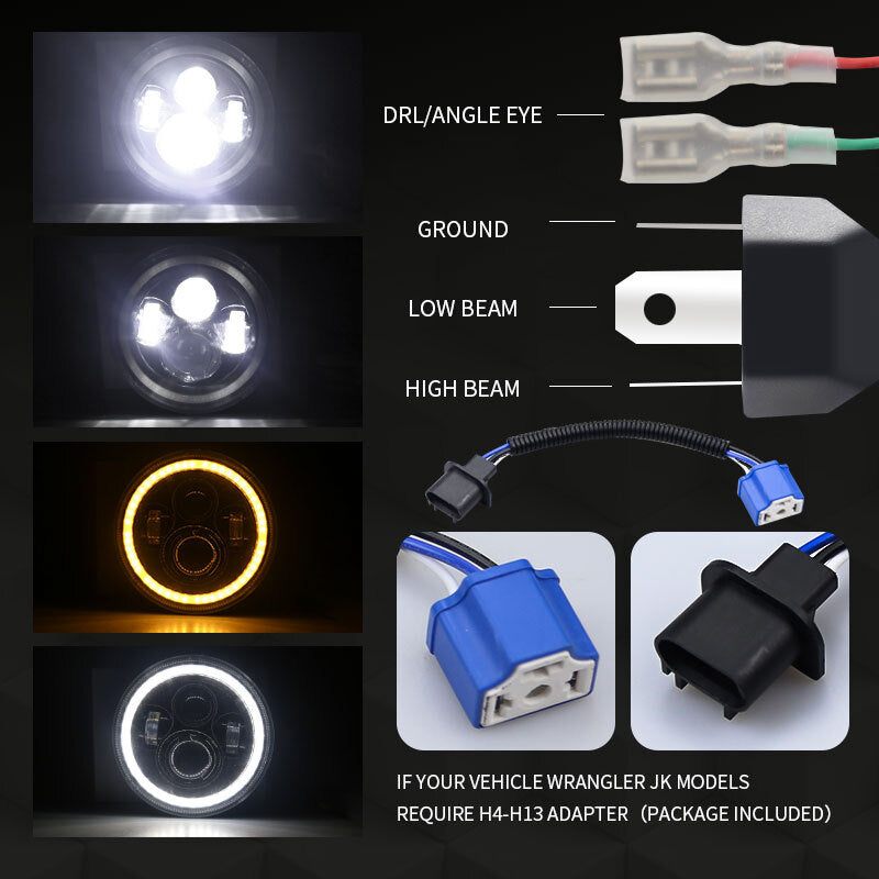 7 Inch LED Headlights DRL Hi/Lo Beam  Halo Ring Amber Angel Eye For Car/Motorcycle White light