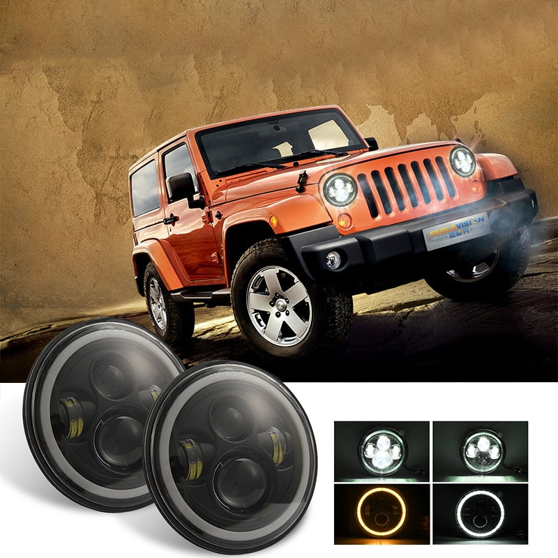 7 Inch LED Headlights DRL Hi/Lo Beam  Halo Ring Amber Angel Eye For Car/Motorcycle White light
