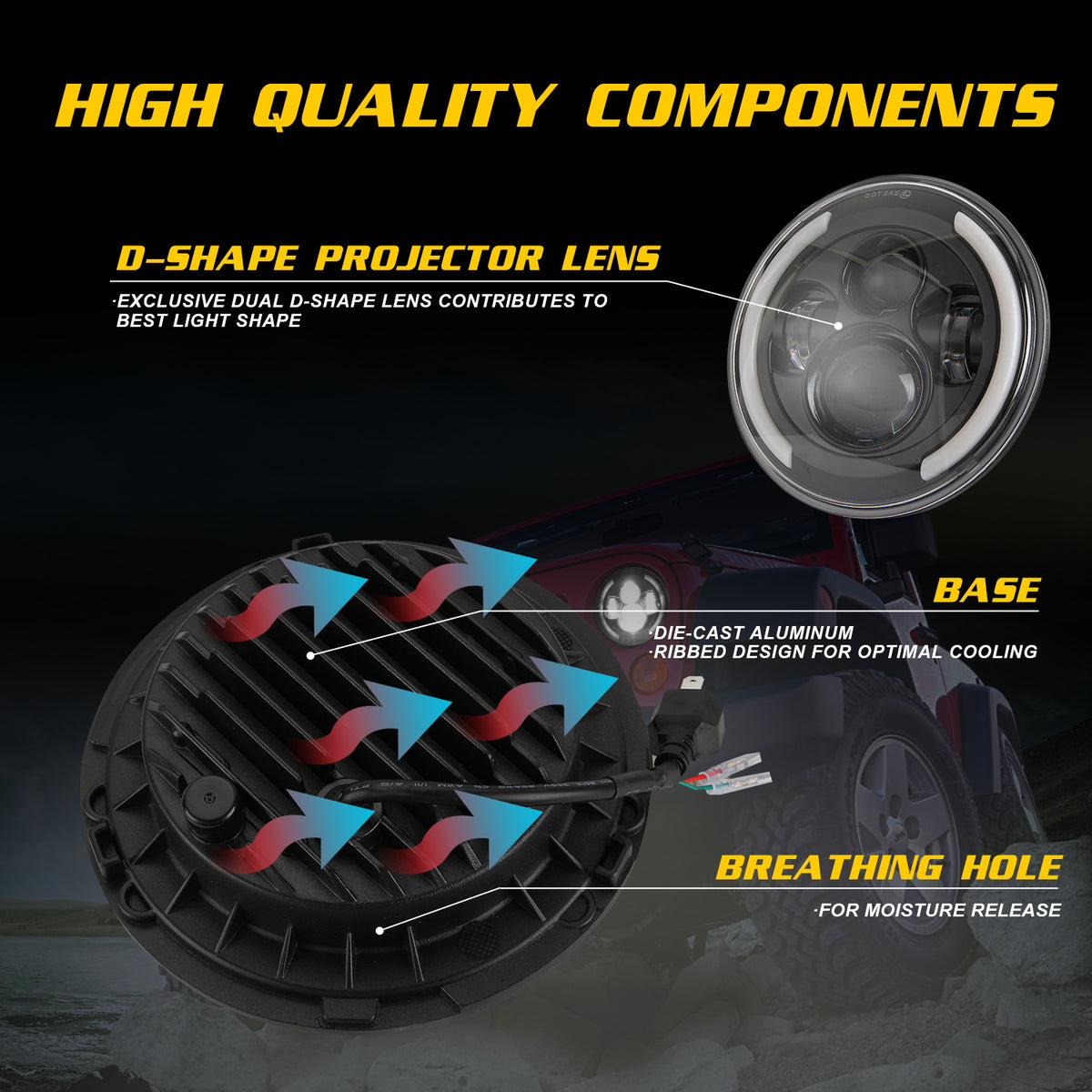 Car Headlights 7 Inch LED Headlights Halo Angle Eye 200W For Jeep Wrangler JK TJ LJ 97-17 C0026