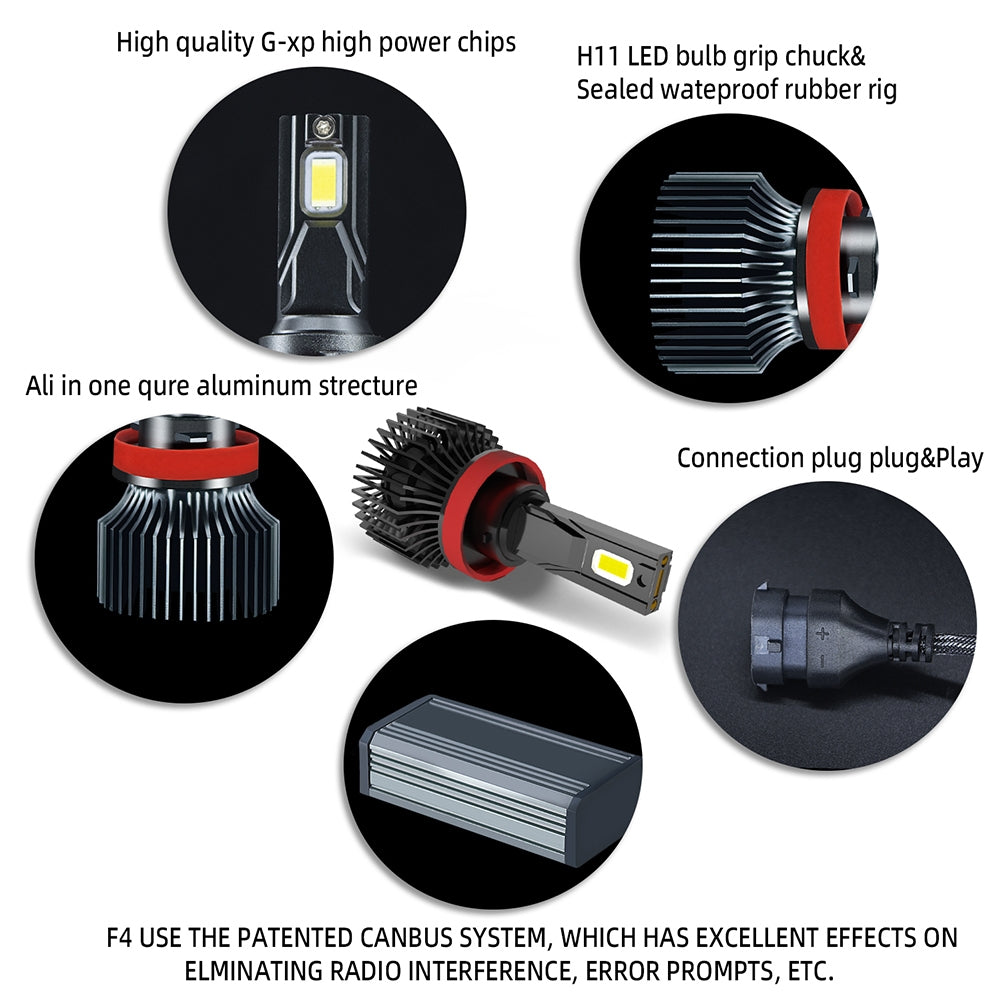 1 Pair Of Car  Led  Headlight Bulbs Ip68 Waterproof High-brightness High Power Good Heat Dissipation Quick Installation Car Led Lamp F4 H8/9/11