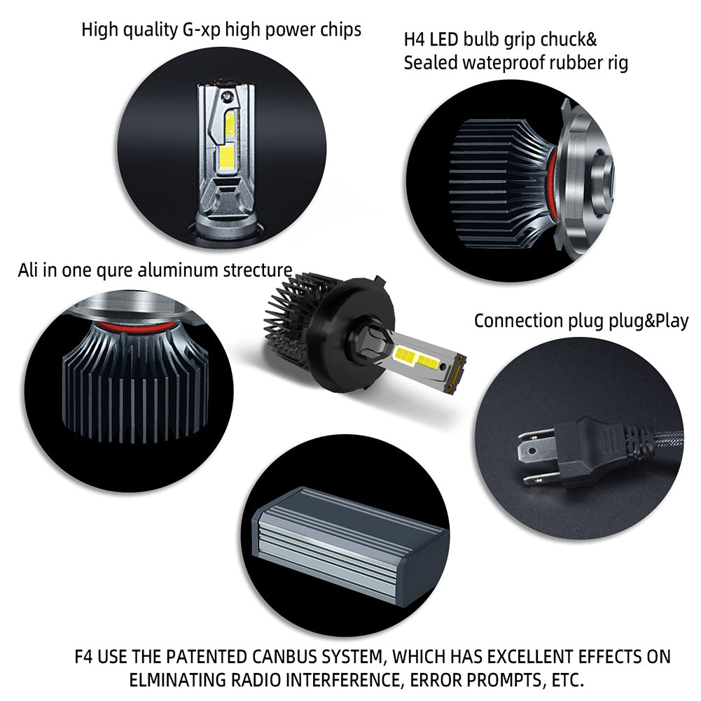 1 Pair Of Car  Led  Headlight Bulbs Ip68 Waterproof High-brightness High Power Good Heat Dissipation Quick Installation Car Led Lamp F4 H4/HB2/9003