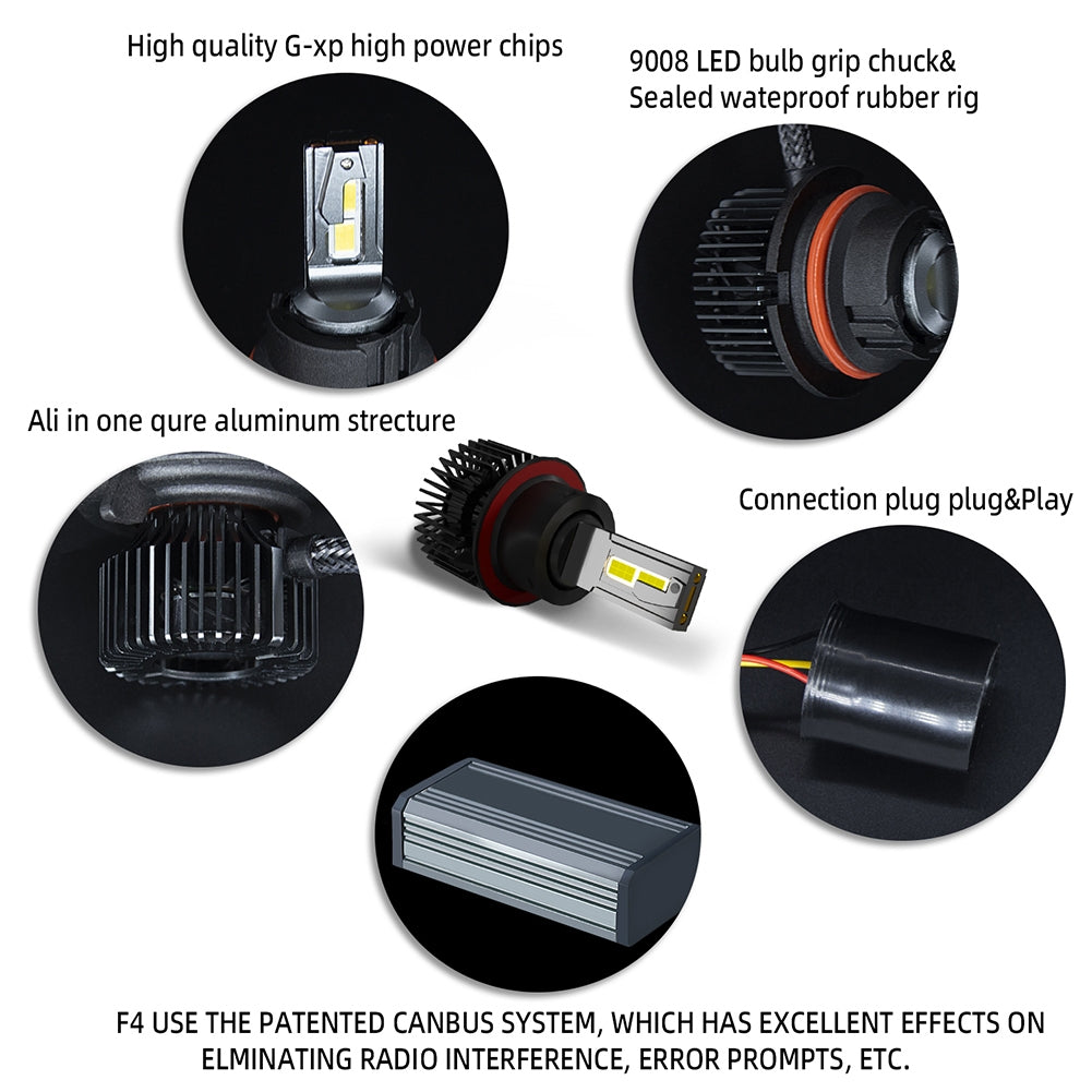 1 Pair Of Car  Led  Headlight Bulbs Ip68 Waterproof High-brightness High Power Good Heat Dissipation Quick Installation Car Led Lamp F4 9008/H13