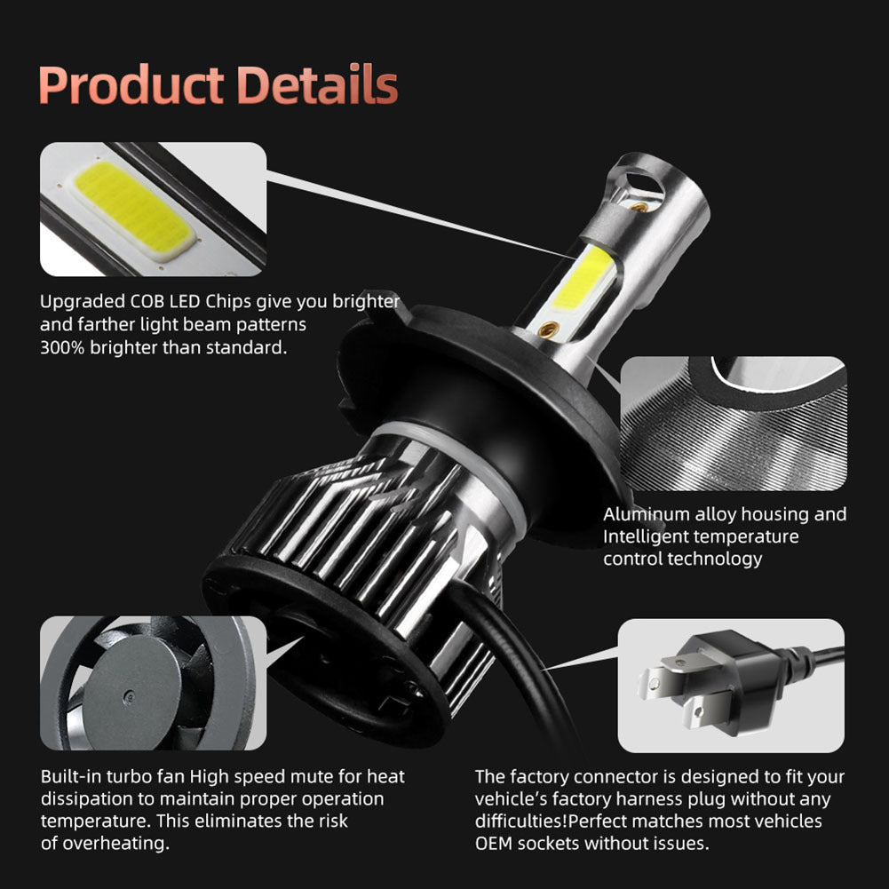 1 Pair Aluminum Car  Led  Headlight Ip68 Waterproof Heatproof 6000k 12000/min Cob Bulbs H4/HB2/9003