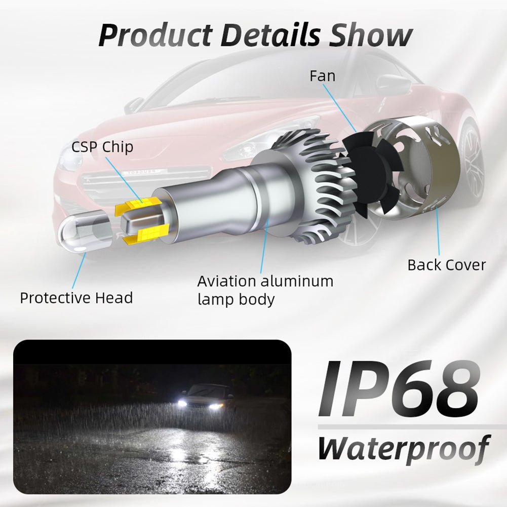 1 Pair Aluminum Car Headlights 1904 12000/min 6000k Ip68 Waterproof Heatproof Led Lamp H8/H9/H11