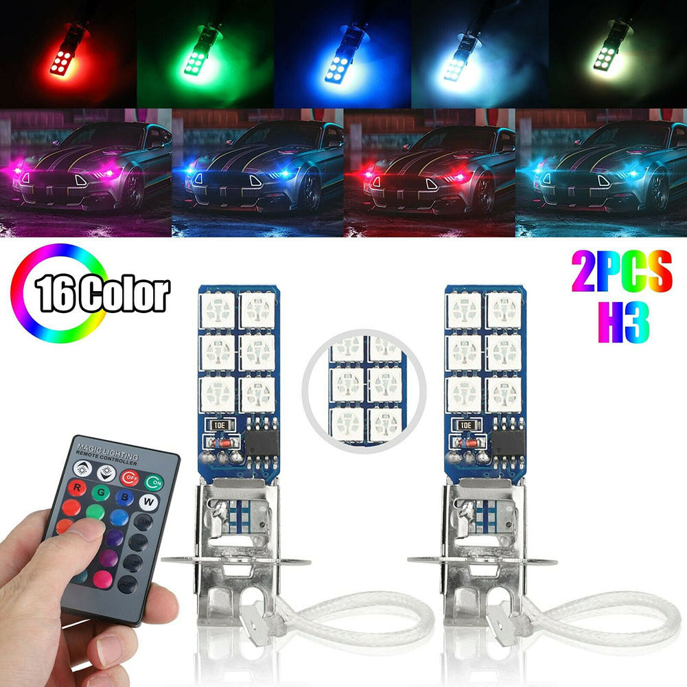 1 Pair Car Led Lights H1 H3 880 881 5050 12smd Rgb Colorful Driving Fog Lamp Headlights With Remote Control As shown