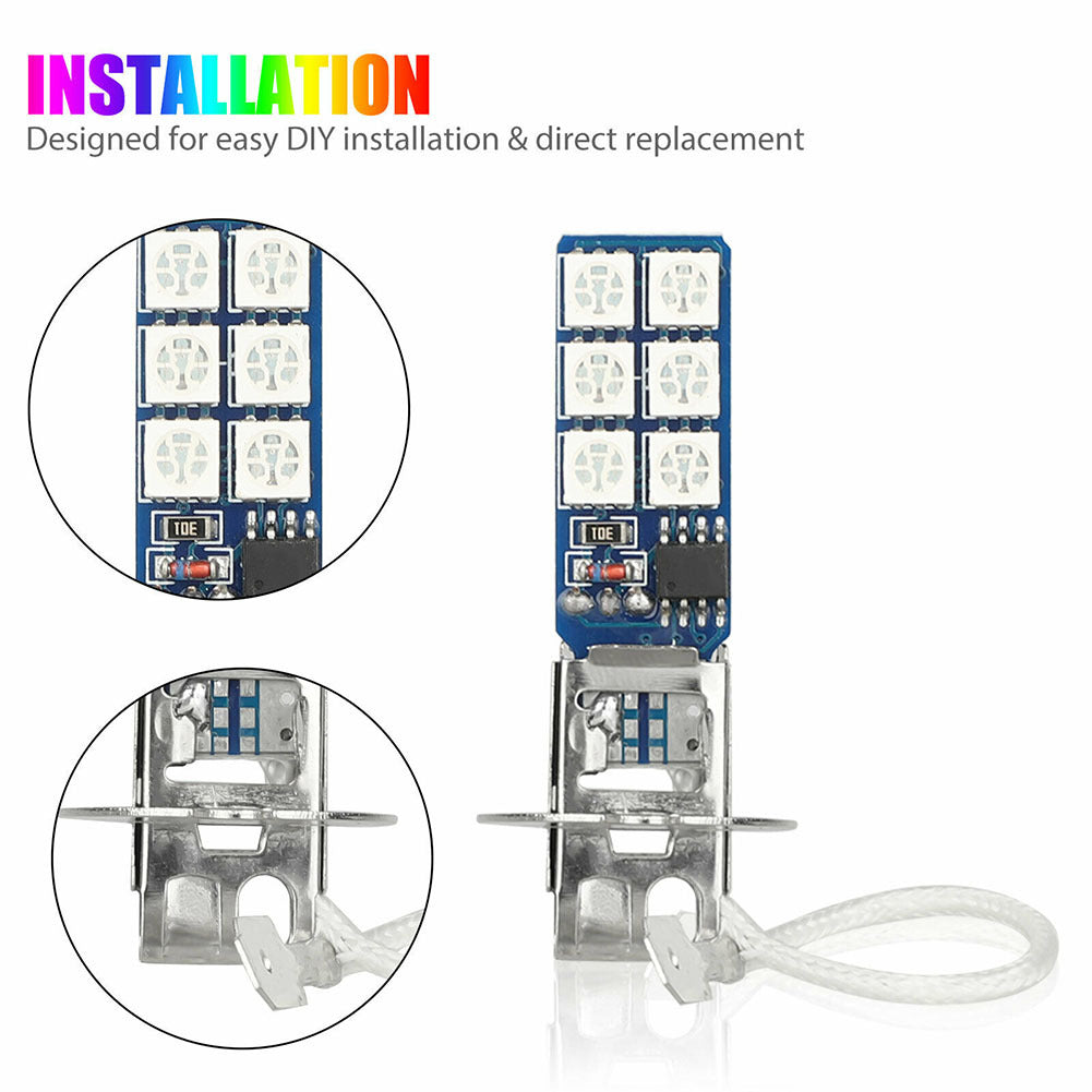 1 Pair Car Led Lights H1 H3 880 881 5050 12smd Rgb Colorful Driving Fog Lamp Headlights With Remote Control As shown