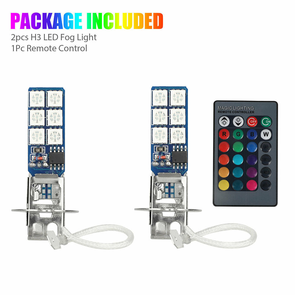1 Pair Car Led Lights H1 H3 880 881 5050 12smd Rgb Colorful Driving Fog Lamp Headlights With Remote Control As shown
