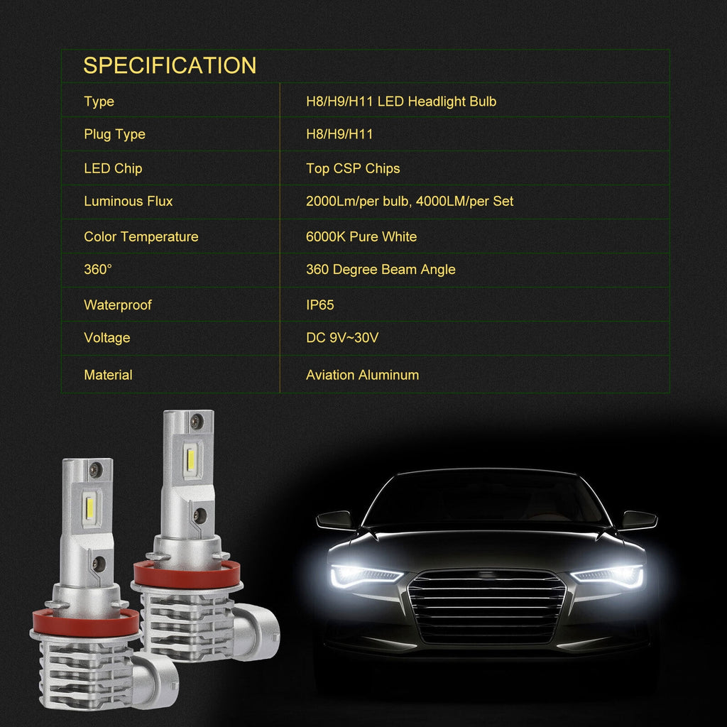 2pcs Car Led Headlight Kit H11 H9 H8 Super Bright Fog Lamp Daytime Running Light Bulbs 6000k White Waterproof silver