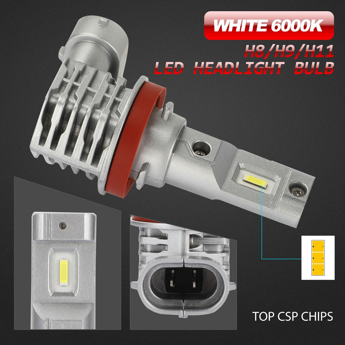 2pcs Car Led Headlight Kit H11 H9 H8 Super Bright Fog Lamp Daytime Running Light Bulbs 6000k White Waterproof silver