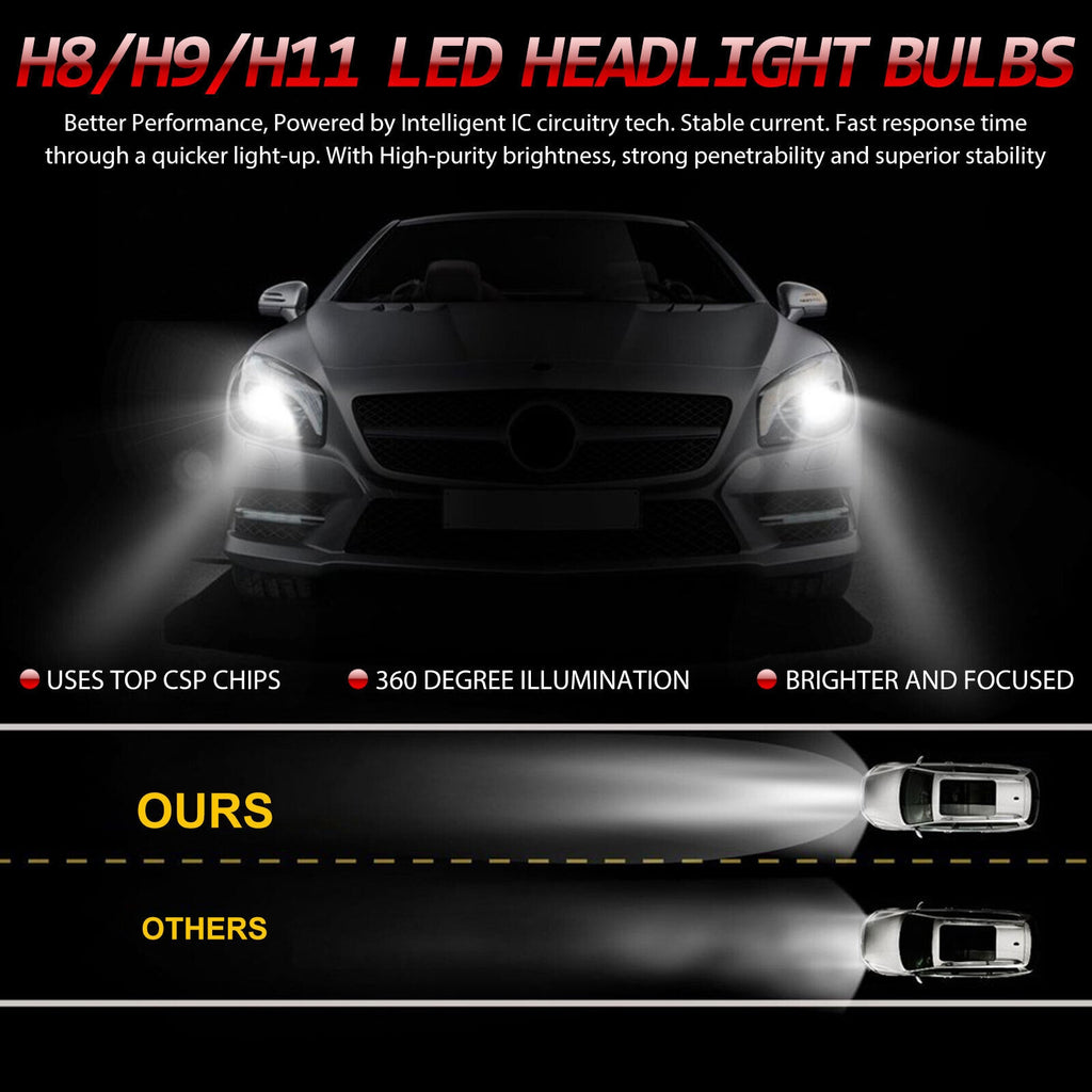 2pcs Car Led Headlight Kit H11 H9 H8 Super Bright Fog Lamp Daytime Running Light Bulbs 6000k White Waterproof silver