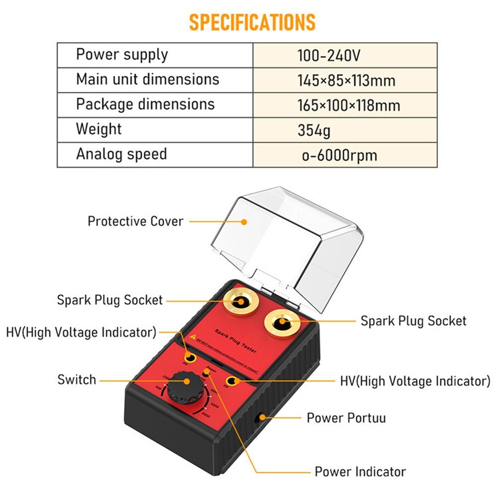 0-6000rpm 12v Spark Plug Tester Diagnostic Tool Double Hole Testing Analyzer Ignition System Detector Red US Plug