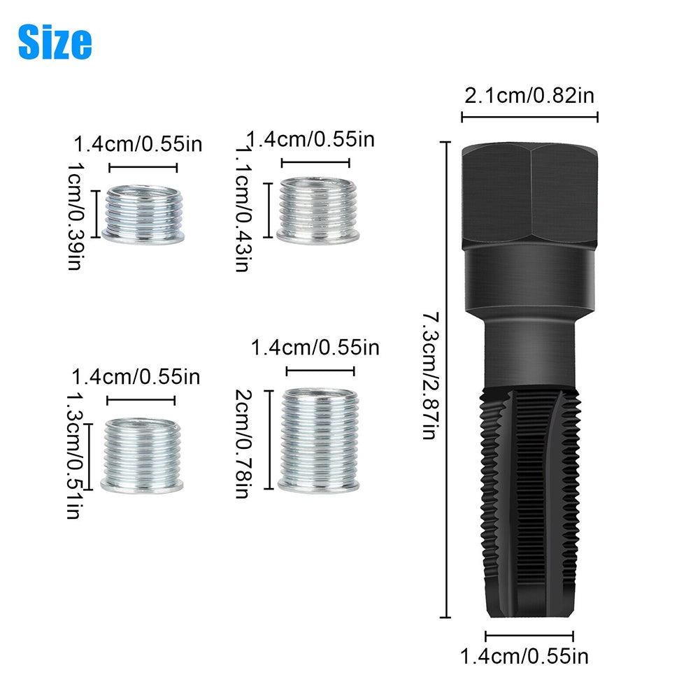 M14 x 1.25 Carbon Steel Spark Plug Re-thread Repair Tool Tap Reamer Inserts Kit 14mm For Spark Plug Thread Repairing black