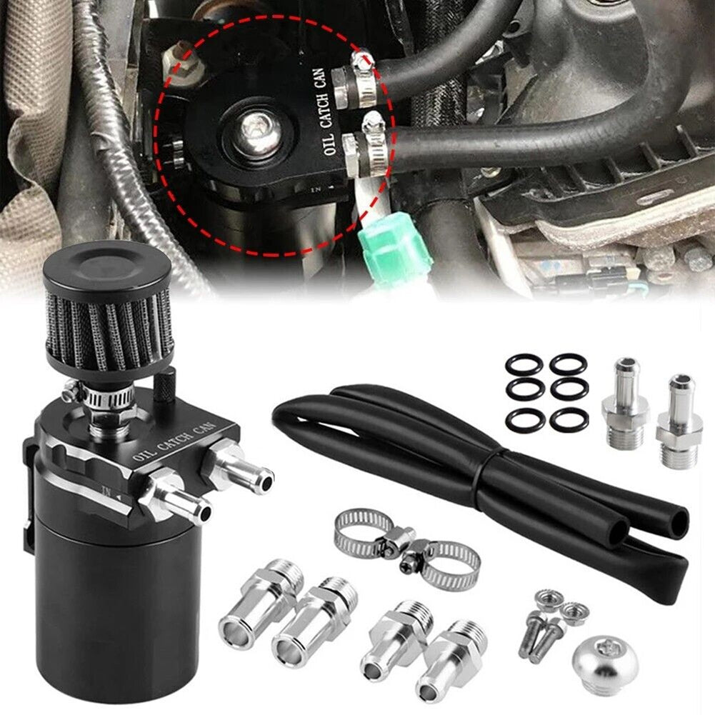300ML Oil Catch Can Kit Universal Aluminum Oil Separator Catch Can With Breather Filter 6mm 8mm 10mm Adapters Baffled Tank Reservoir Automobile Accessories black