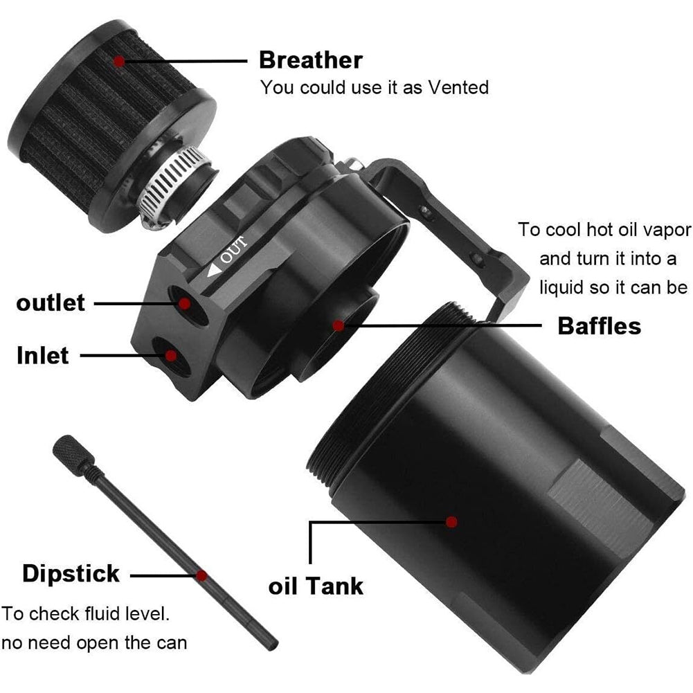 300ML Oil Catch Can Kit Universal Aluminum Oil Separator Catch Can With Breather Filter 6mm 8mm 10mm Adapters Baffled Tank Reservoir Automobile Accessories black