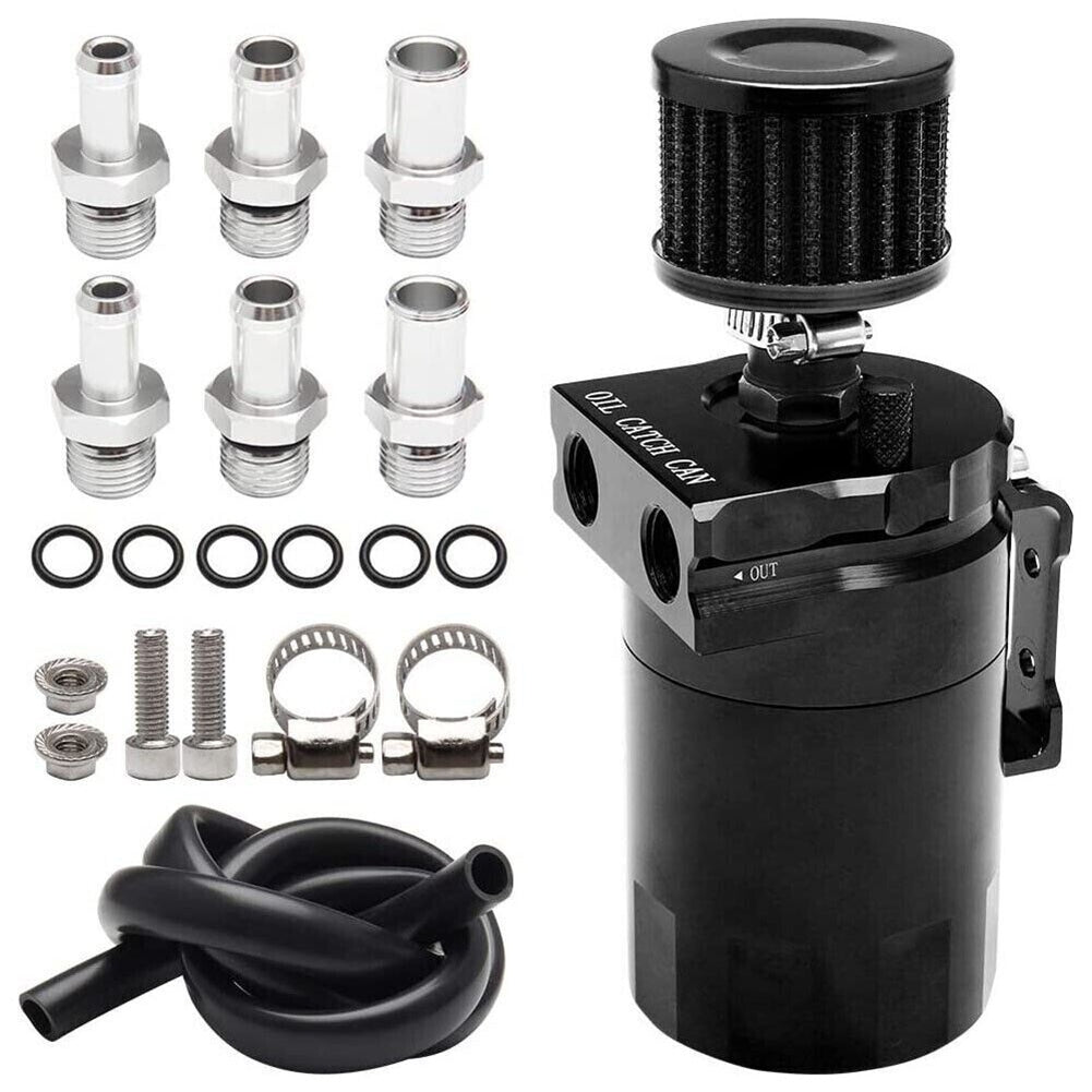 300ML Oil Catch Can Kit Universal Aluminum Oil Separator Catch Can With Breather Filter 6mm 8mm 10mm Adapters Baffled Tank Reservoir Automobile Accessories black
