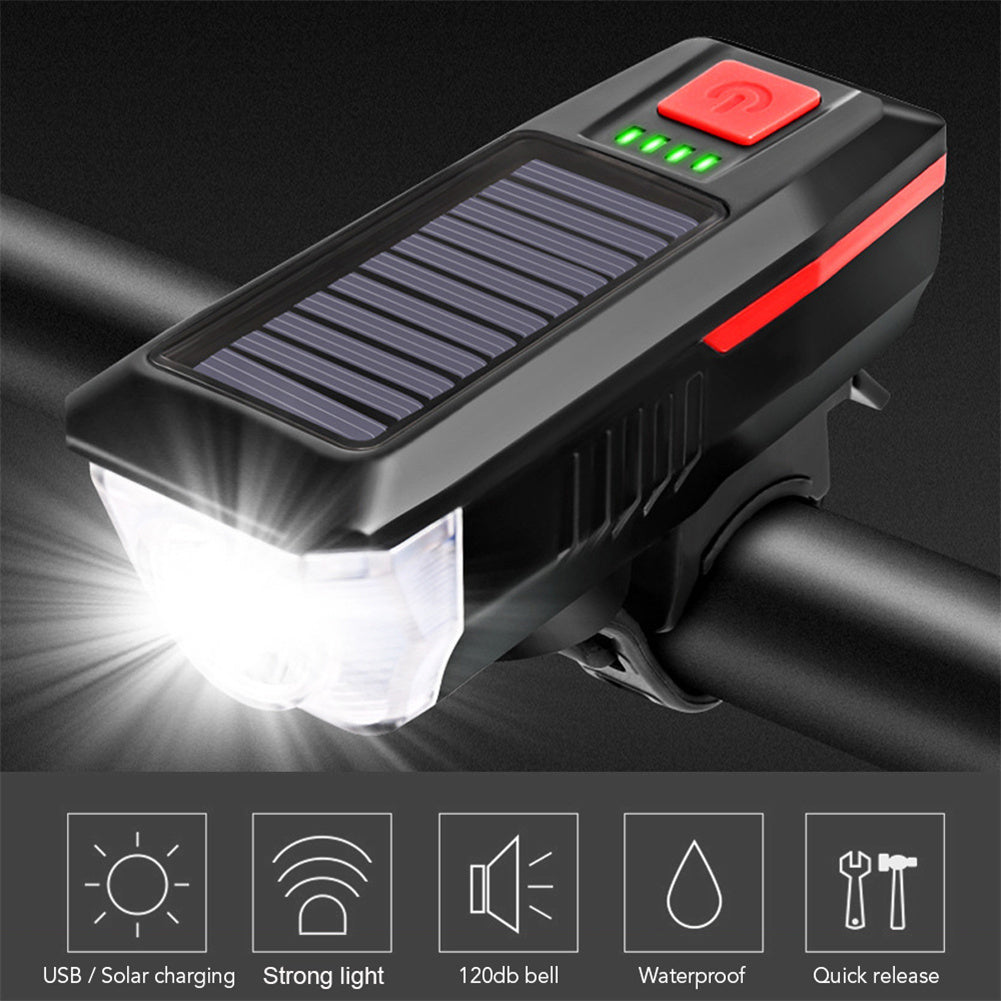 Bike Light Solar Usb Rechargeable Dual Charging Horn Lamp Waterproof Bicycle Front Headlight Flashlight blue