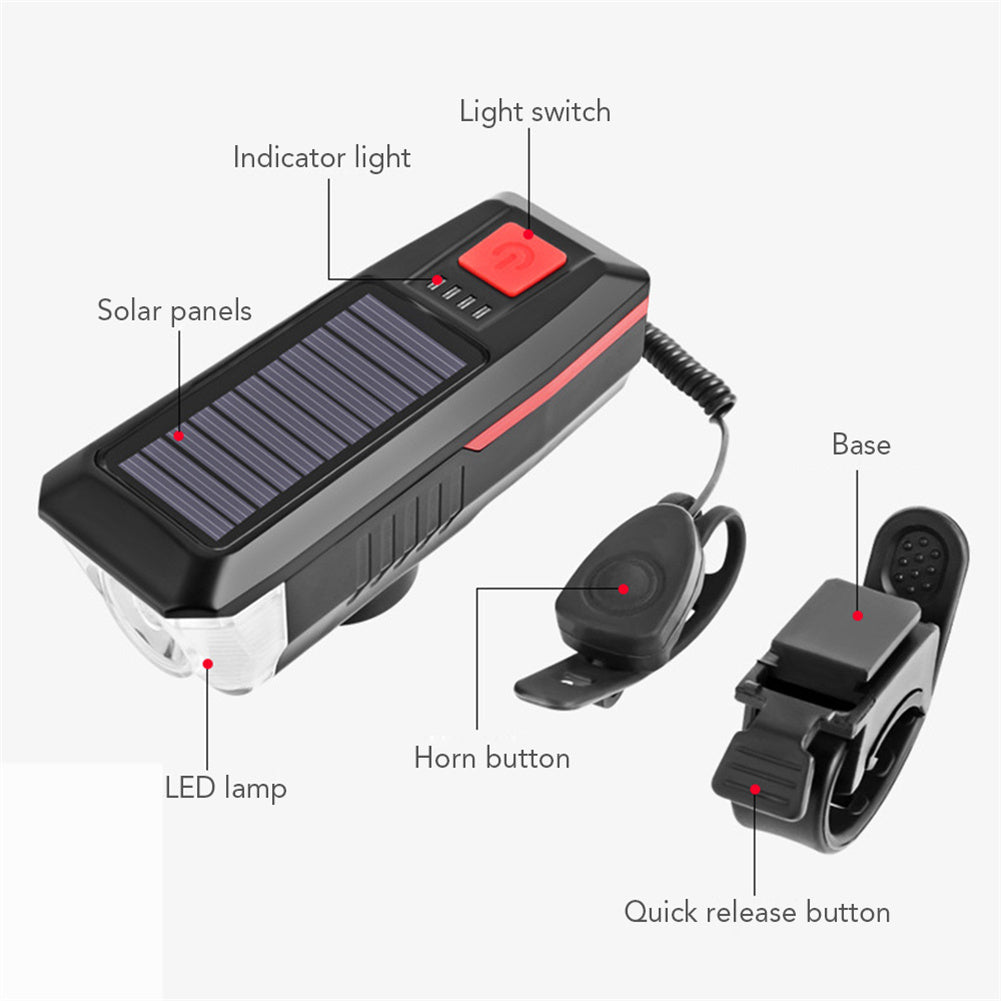 Bike Light Solar Usb Rechargeable Dual Charging Horn Lamp Waterproof Bicycle Front Headlight Flashlight orange