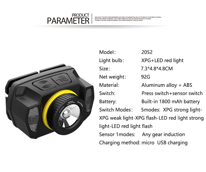 LED Intelligent Induction Headlamp Rotary Zoom Headlight Torch Flashlight black_Model 2052
