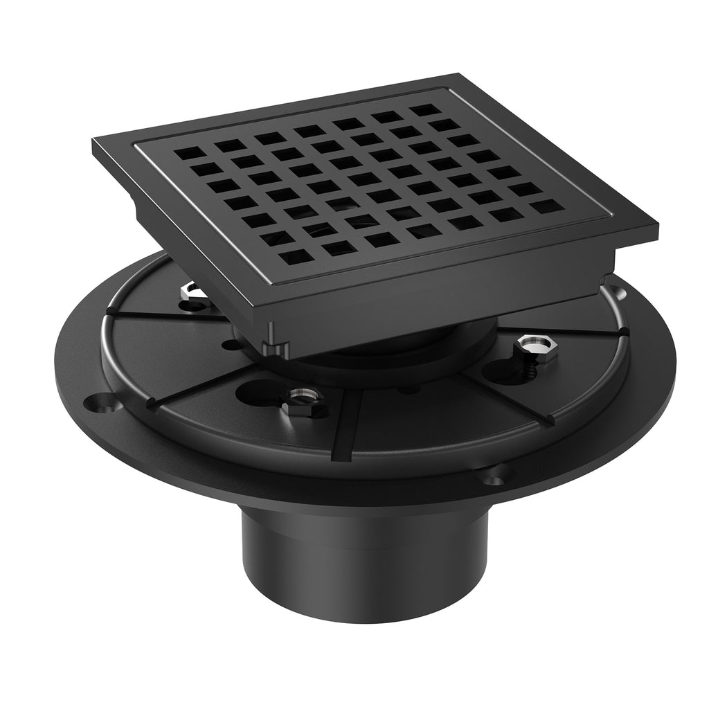 US 4 Inch Square Shower Floor Drain Matte Black High Flow Shower Drain Kit with Flange Removable Grid Cover and Hair Filter