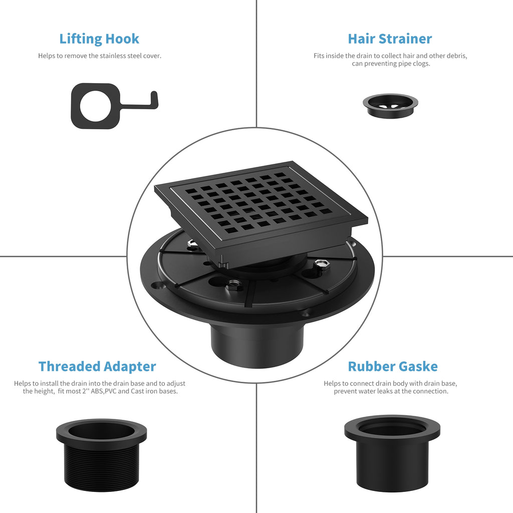 US 4 Inch Square Shower Floor Drain Matte Black High Flow Shower Drain Kit with Flange Removable Grid Cover and Hair Filter