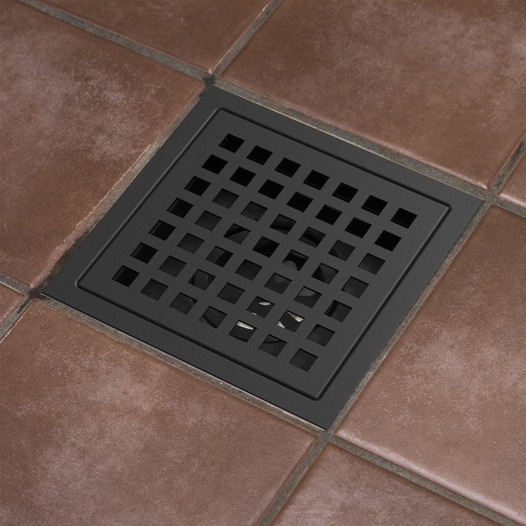 US 4 Inch Square Shower Floor Drain Matte Black High Flow Shower Drain Kit with Flange Removable Grid Cover and Hair Filter