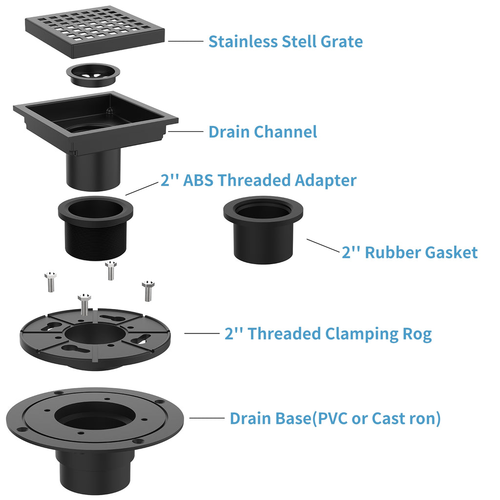 US 4 Inch Square Shower Floor Drain Matte Black High Flow Shower Drain Kit with Flange Removable Grid Cover and Hair Filter