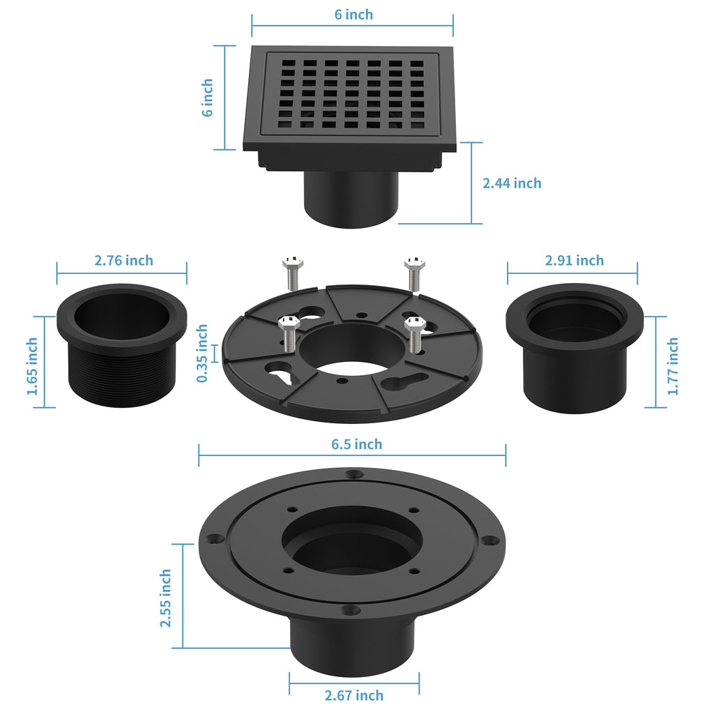 US 4 Inch Square Shower Floor Drain Matte Black High Flow Shower Drain Kit with Flange Removable Grid Cover and Hair Filter