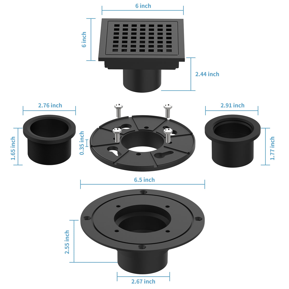 US 4 Inch Square Shower Floor Drain Matte Black High Flow Shower Drain Kit with Flange Removable Grid Cover and Hair Filter
