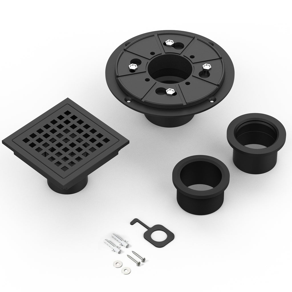 US 4 Inch Square Shower Floor Drain Matte Black High Flow Shower Drain Kit with Flange Removable Grid Cover and Hair Filter