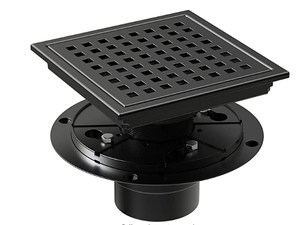 US 4 Inch Square Shower Floor Drain Matte Black High Flow Shower Drain Kit with Flange Removable Grid Cover and Hair Filter