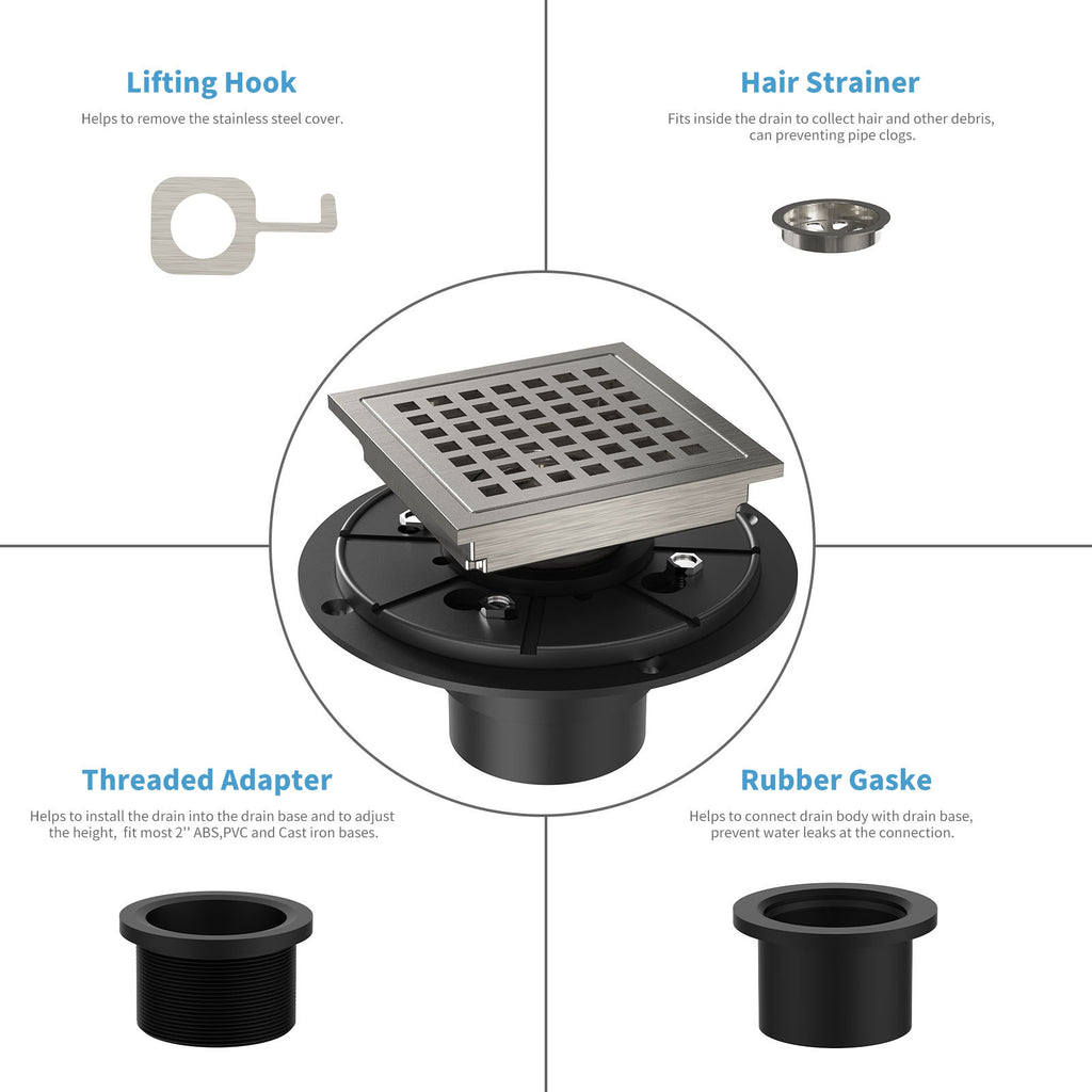 US 4 Inch Square Shower Floor Drain Brushed Nickel High Flow Shower Drain Kit with Flange Removable Grid Cover and Hair Filter