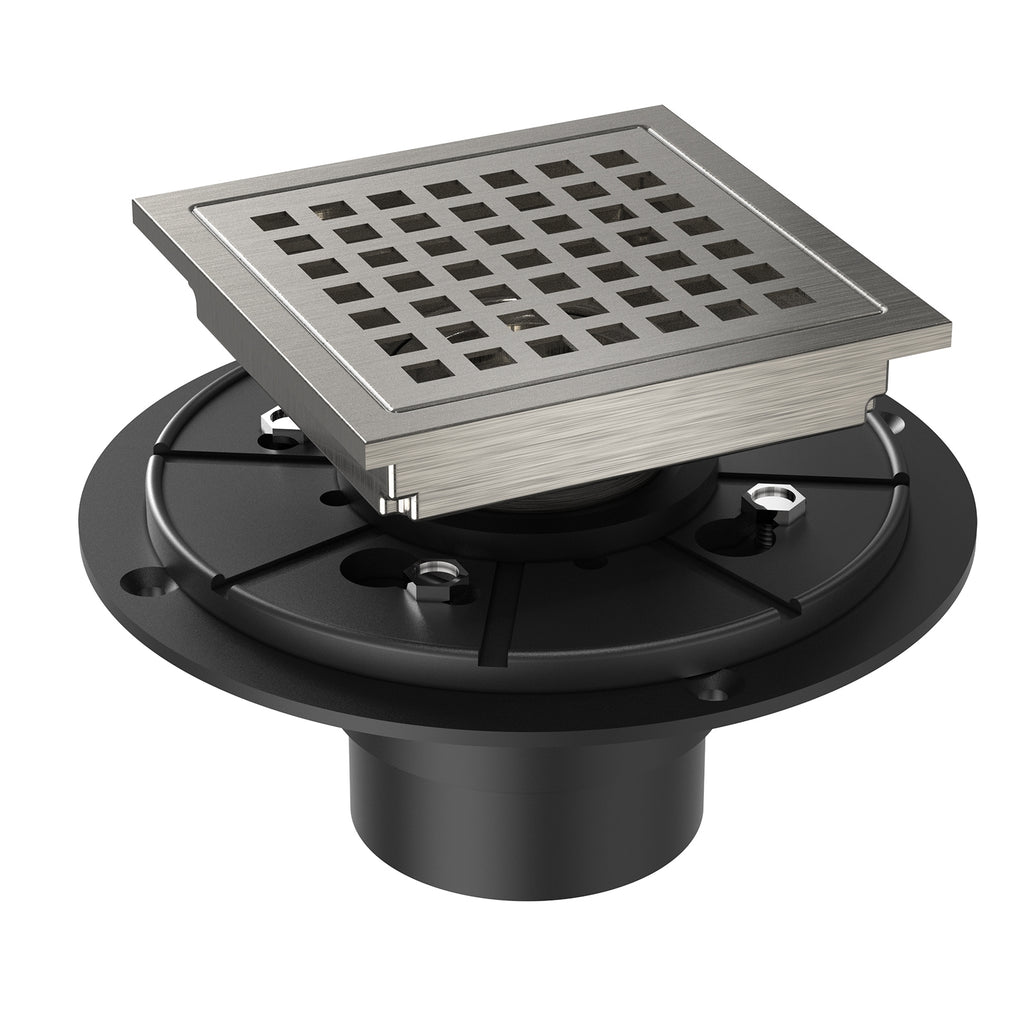 US 4 Inch Square Shower Floor Drain Brushed Nickel High Flow Shower Drain Kit with Flange Removable Grid Cover and Hair Filter