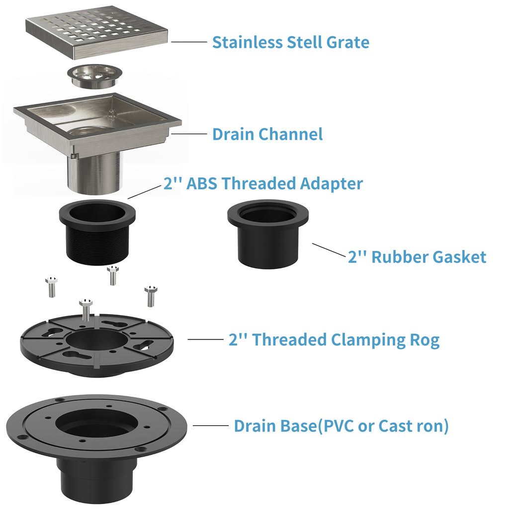 US 4 Inch Square Shower Floor Drain Brushed Nickel High Flow Shower Drain Kit with Flange Removable Grid Cover and Hair Filter
