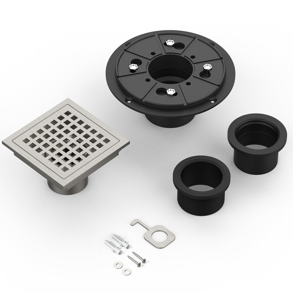 US 4 Inch Square Shower Floor Drain Brushed Nickel High Flow Shower Drain Kit with Flange Removable Grid Cover and Hair Filter